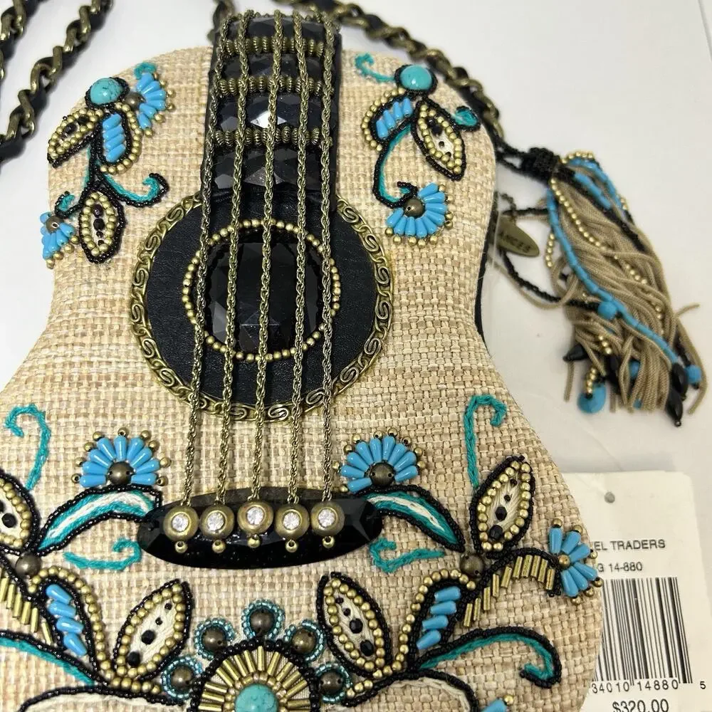 Mary Frances Unplugged Cream Woven and NWT Turquoise Beaded Guitar Bag *RARE - Picture 3 of 16